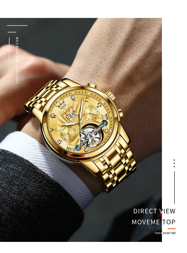 Montre mécanique automatique originale OLEVS 9910 pour hommes Tourbillon Skeleton Design Montre-bracelet pour hommes en acier inoxydable Phase de lune