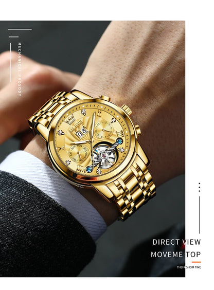 Montre mécanique automatique originale OLEVS 9910 pour hommes Tourbillon Skeleton Design Montre-bracelet pour hommes en acier inoxydable Phase de lune