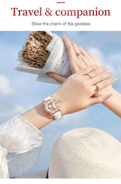 Montres automatiques OLEVS pour femmes de luxe en or rose squelette mécanique étanche lumineuse femmes bracelets montres ensemble élégant