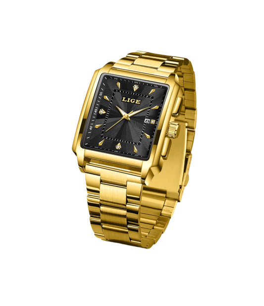 LIGE Gold Square Man Wristwatch Business Stainless Steel Quartz Watch Luminous Waterproof Luxury Watches Mens Reloj Hombre+Box