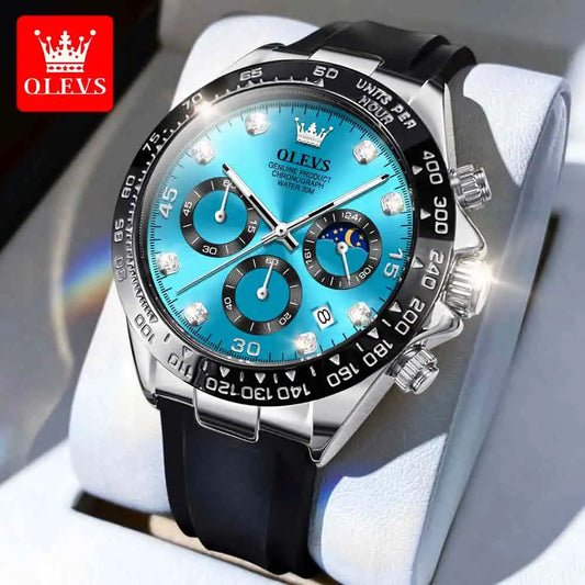 Montres OLEVS pour hommes Montre à quartz analogique chronographe Phase de lune Silicone Diamant Montres-bracelets à quartz lumineuses étanches