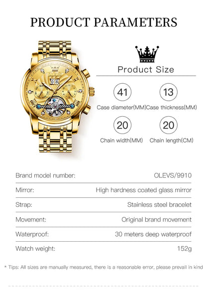 Montre mécanique automatique originale OLEVS 9910 pour hommes Tourbillon Skeleton Design Montre-bracelet pour hommes en acier inoxydable Phase de lune