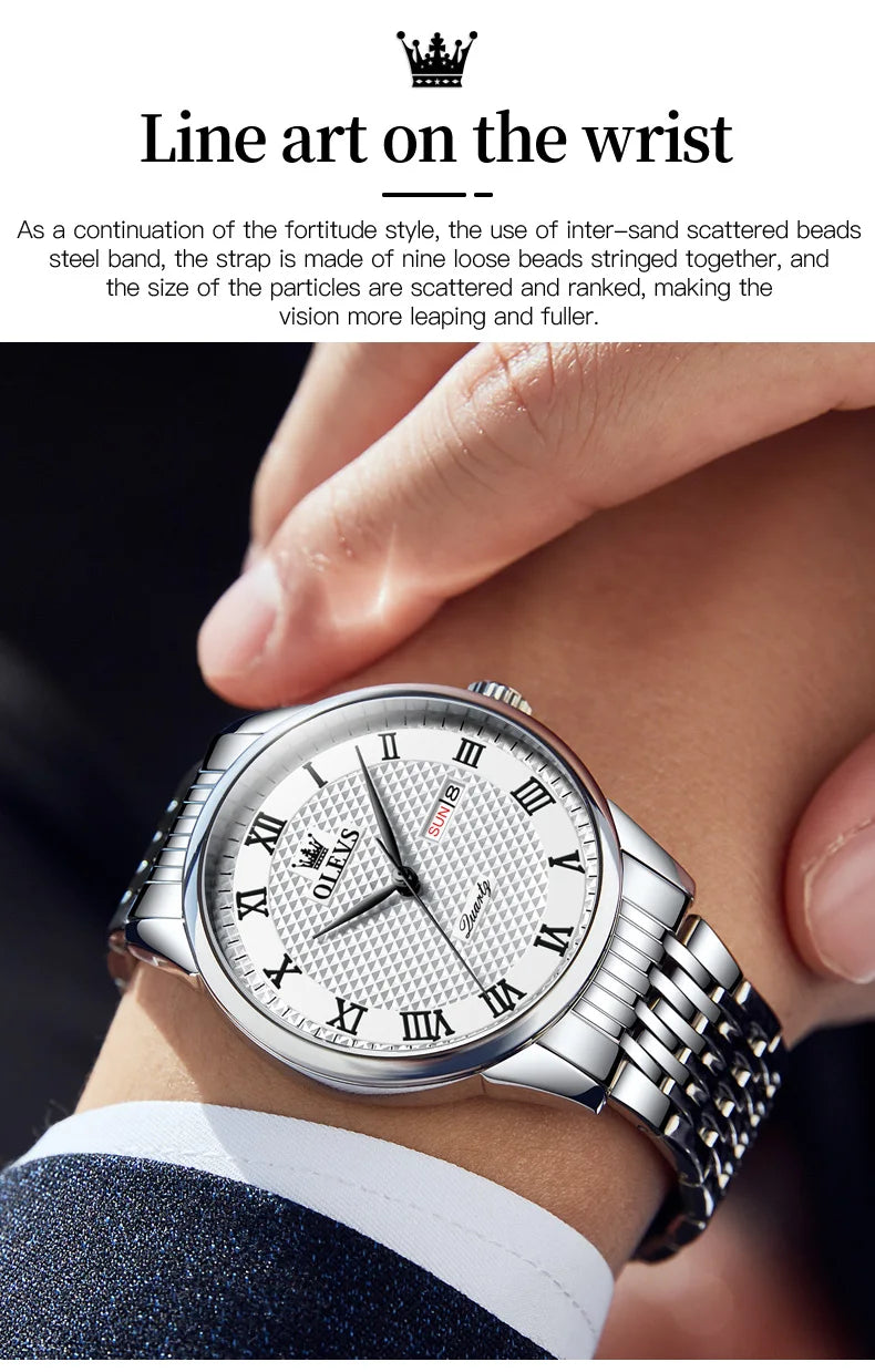 OLEVS New Quartz Watch for Men Waterproof Stainless Steel Business Fashion Calendar/Week Display Top Quartz Men's Watches