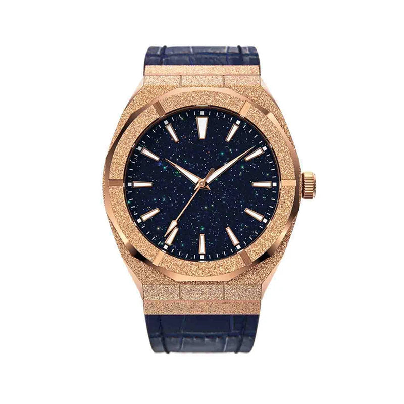 Matten Black Paul Rich Style Leather Band Blue Star Dust Dial Men Frosted Watch