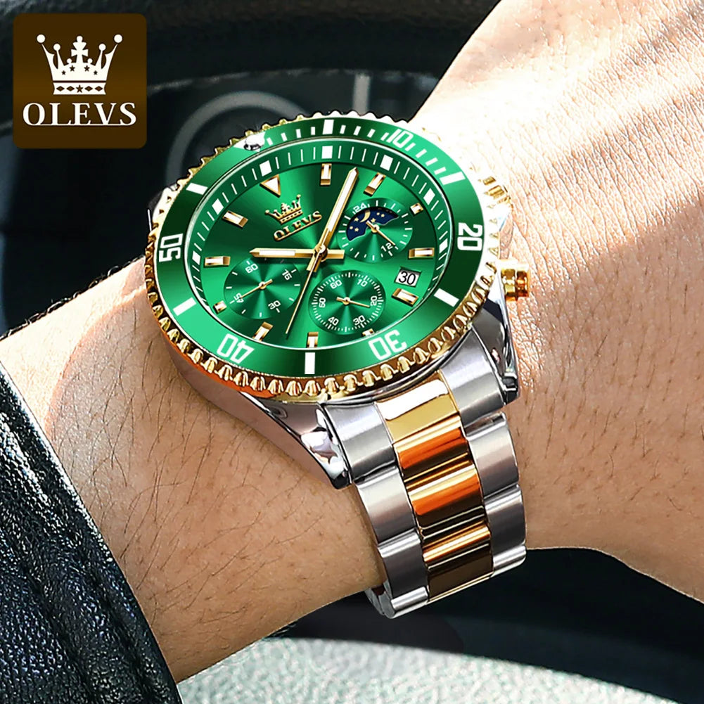 OLEVS Montre Homme Acier Inoxydable Étanche Luiminous Business Mode Luxe Montre Homme Date Phase De Lune Montres À Quartz Pour Hommes