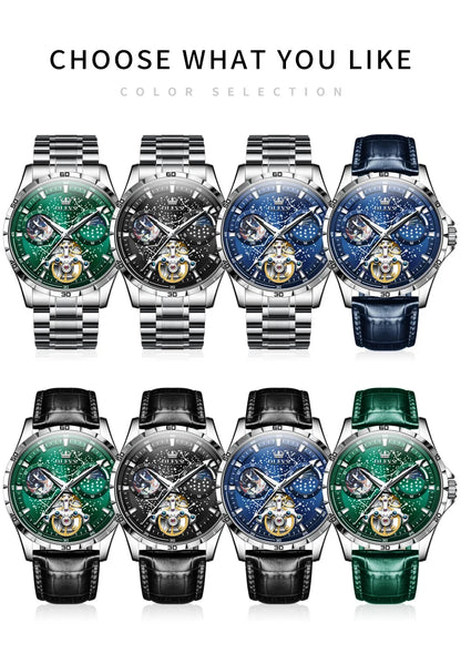 OLEVS New Men's Automatic Watch Skeleton Multifunctional Starry Sky Stainless Steel Leather Watchband Luxury Dress Wrist Watches