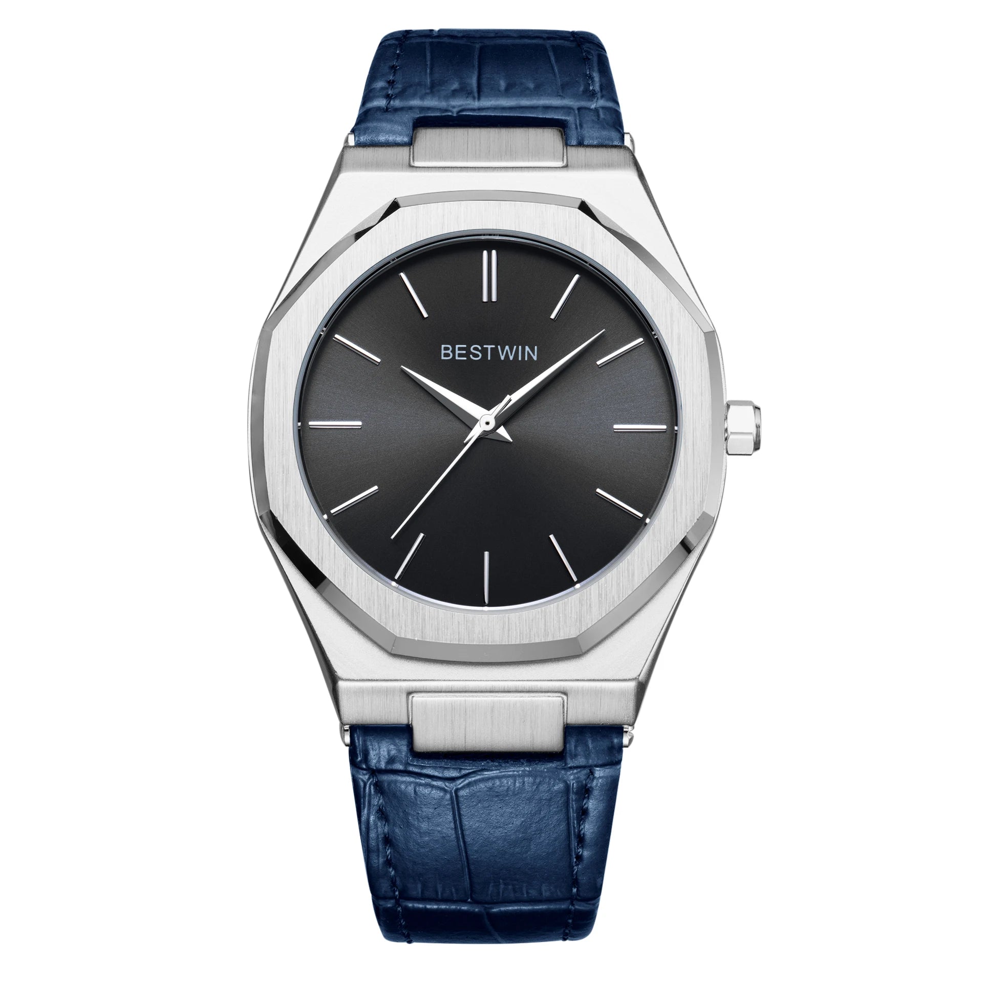 Top Brand New Watch Fashion Design Leisure Business Silver Blue Leather 3ATM Waterproof Quartz Mens Watch Reloj Hombre.