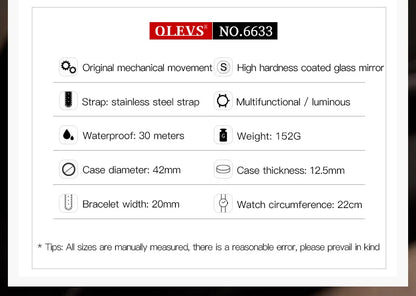 ساعة OLEVS ميكانيكية أوتوماتيكية توربيون هيكل عظمي مرحلة القمر تقويم عمل رسمي مقاوم للماء ساعة يد مضيئة أصلية