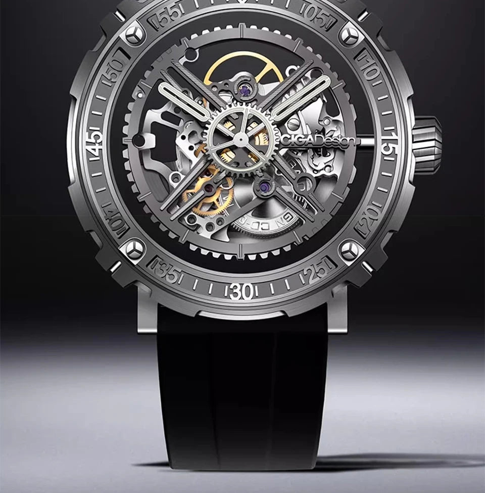 CIGA Design Men's Watch: 3-in-1 Titanium Skeleton with Fluororubber Strap.
